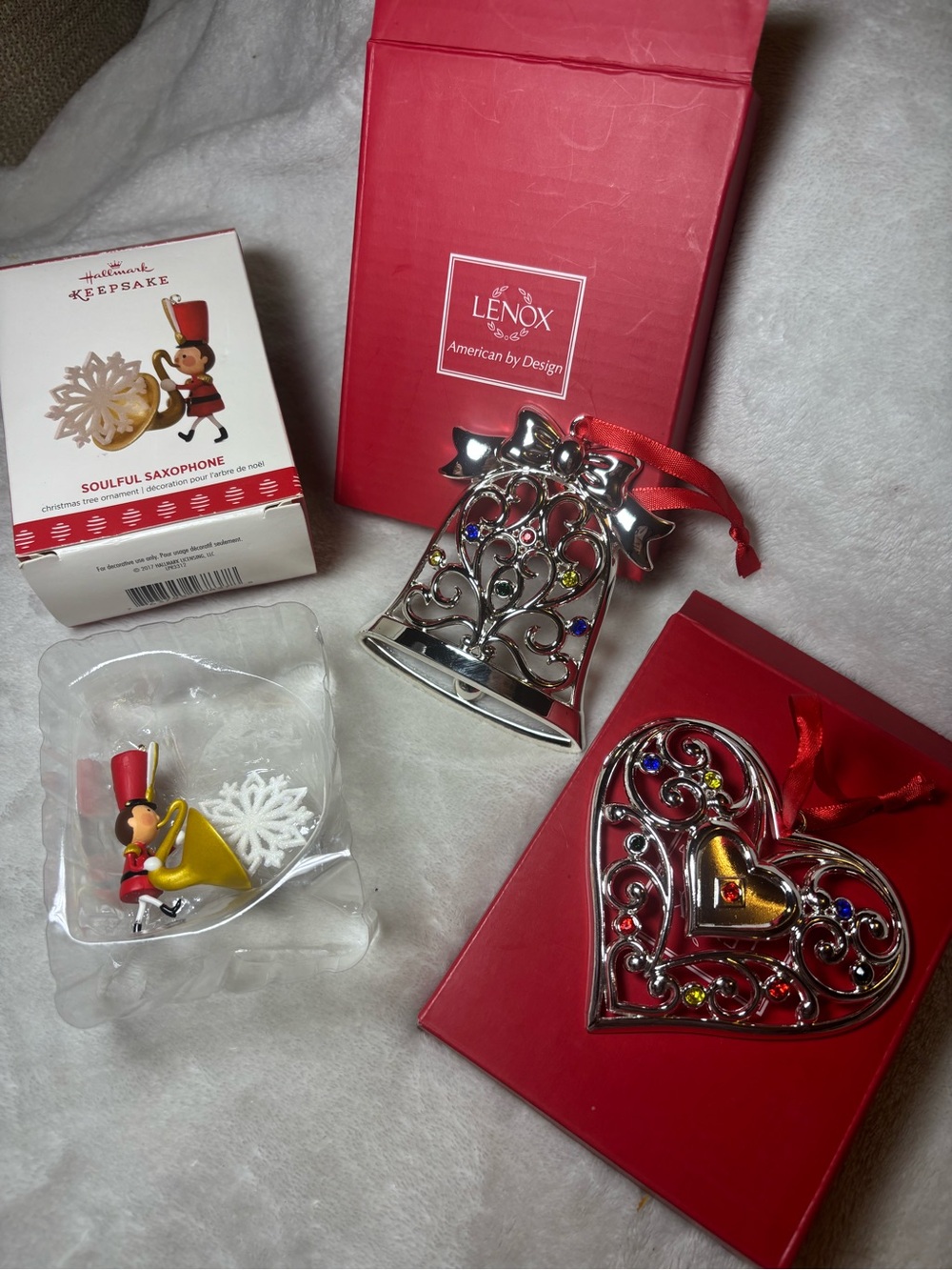 3 new Christmas tree-Lenox Silver Bell and Heart Holiday Ornaments - Red Accents